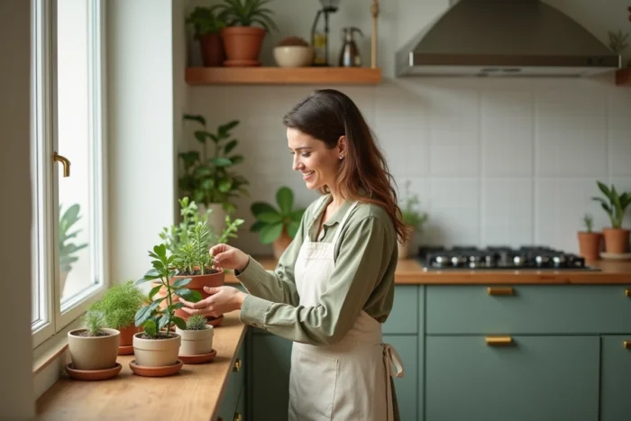 Femme aménageant une étagère décorative dans une cuisine de style parisien avec des plantes, des pots en céramique et une décoration intérieure authentique et personnalisée