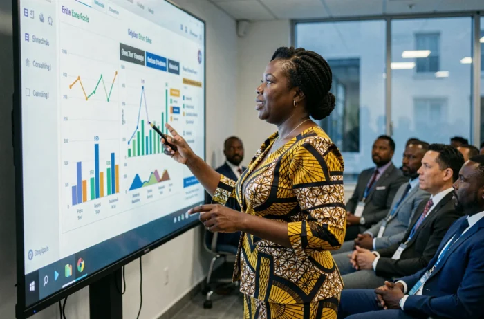 Femme entrepreneur ivoirienne présentant des données économiques lors d'une conférence professionnelle en Côte d'Ivoire