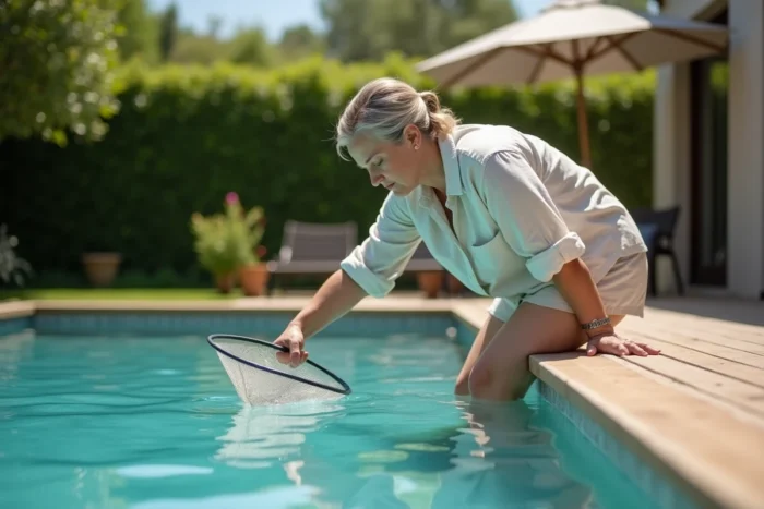 Femme retirant des notonectes d'une piscine avec une épuisette, entretien naturel de piscine dans un jardin