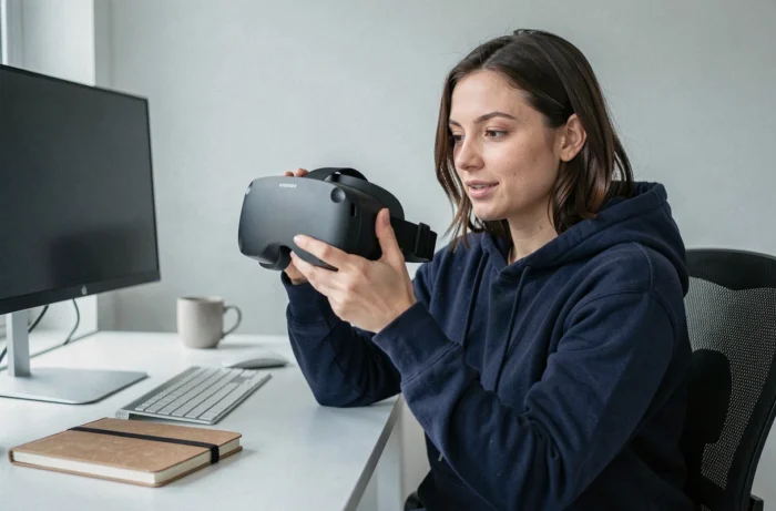 Femme examinant un casque de réalité virtuelle Pico 5 à son bureau, gros plan sur le design du produit