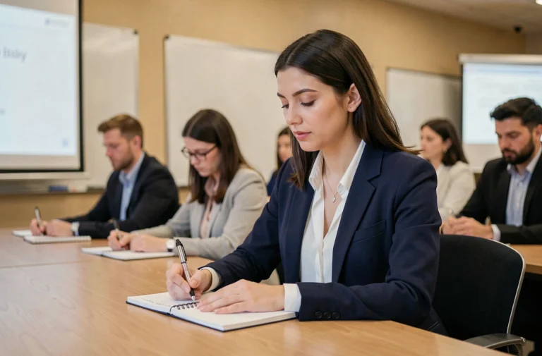 Femme professionnelle prenant des notes lors d'une formation Les Blancs d'Ecole pour booster sa carrière