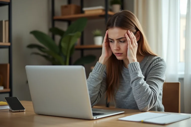 Femme frustrée devant un écran d'ordinateur affichant une page d'erreur lors d'une panne de site web