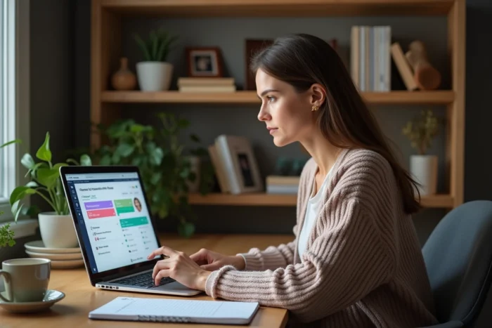 Femme utilisant une application de gestion familiale sur son ordinateur portable à son bureau