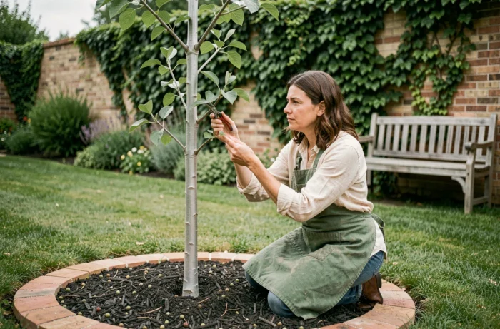 Femme examinant les branches d'un jeune mûrier platane avant la taille dans un jardin soigné avec bordure en carrelage terracotta