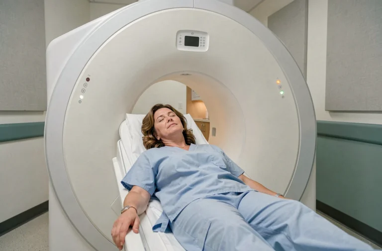 Femme allongée sereinement dans un scanner IRM ouvert dans une salle de radiologie moderne et apaisante