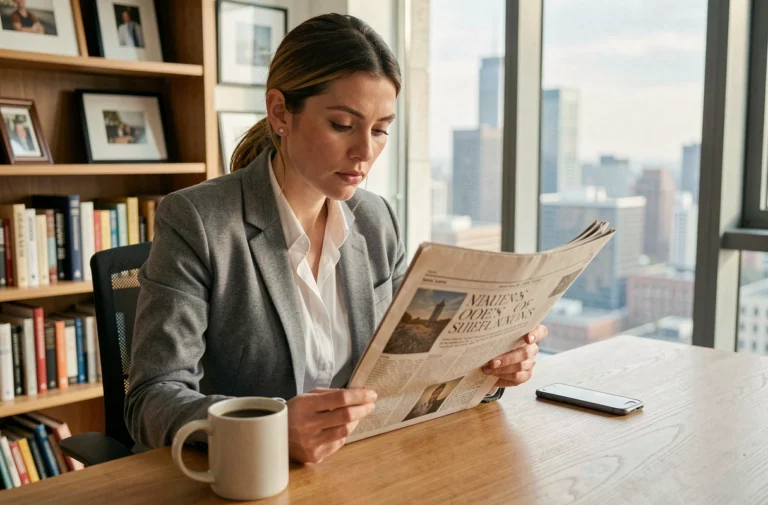 Femme lisant un journal quotidien dans un appartement moderne, restant informée de l'actualité