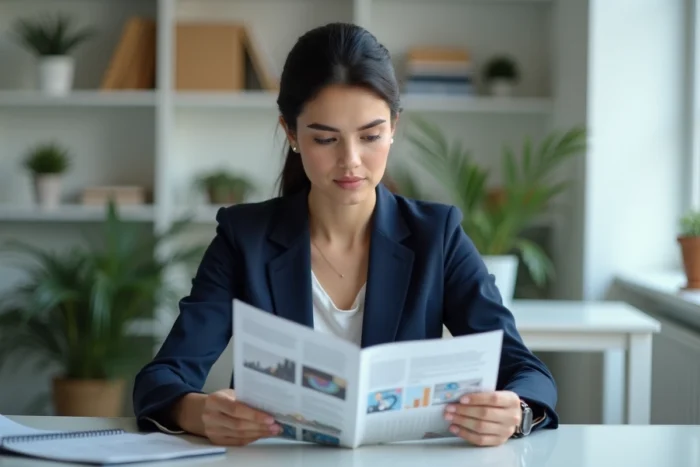 Femme professionnelle lisant La Revue de l'Entreprise dans un bureau moderne