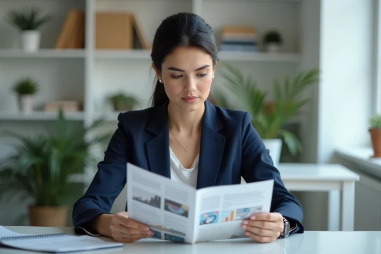 Femme professionnelle lisant La Revue de l'Entreprise dans un bureau moderne