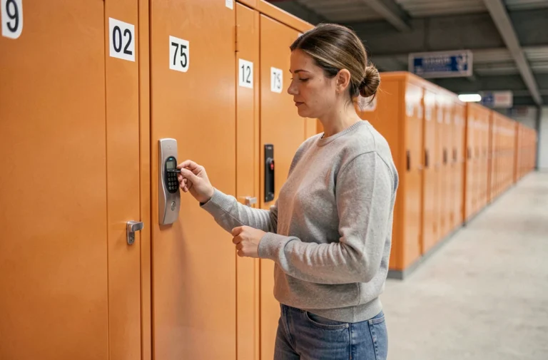 Femme examinant le cadenas d'un box de stockage dans un couloir de boxes orange d'un garde-meuble moderne