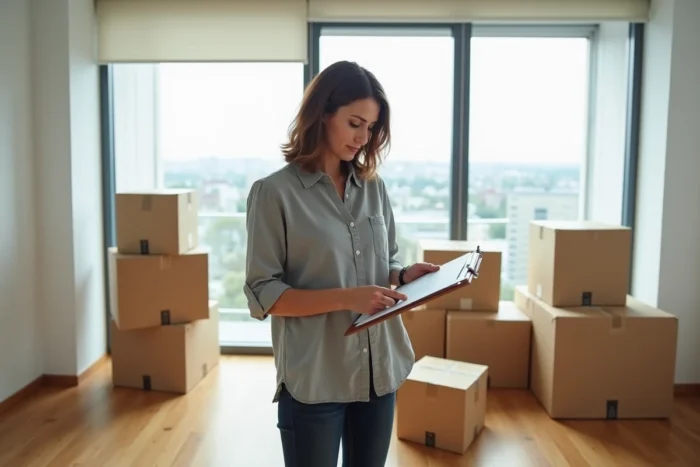 Femme organisant son déménagement avec une liste et des cartons bien étiquetés dans un appartement vide