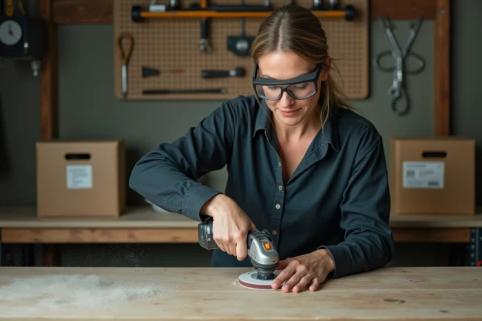 Femme utilisant un outil rotatif multifonction type Parkside Lidl pour poncer un support en bois dans un garage