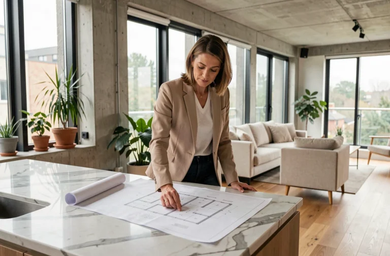 Femme consultant des plans immobiliers dans un salon moderne et lumineux au design scandinave