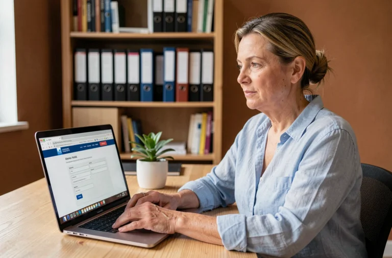 Femme consultant un site municipal sur ordinateur portable pour obtenir des informations sur les habitants d'une rue