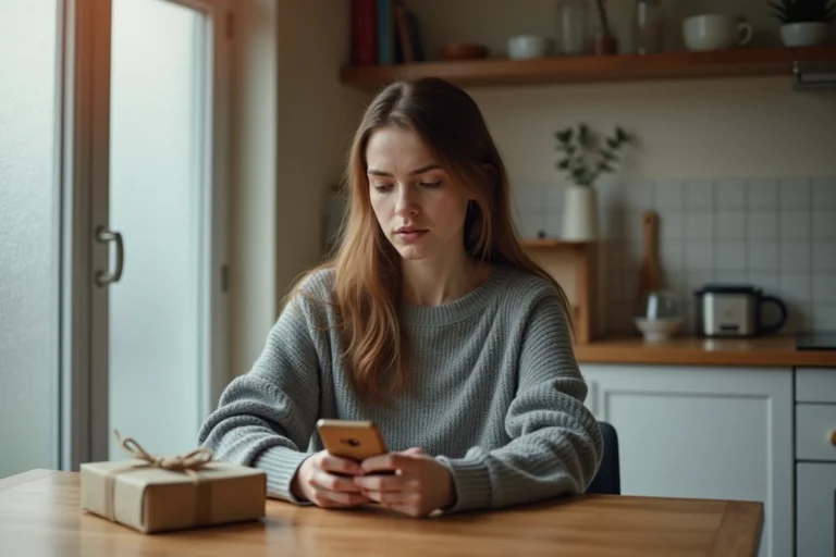 Jeune femme attendant un remboursement Vinted après un colis non récupéré, regardant son téléphone avec inquiétude à côté d'un colis