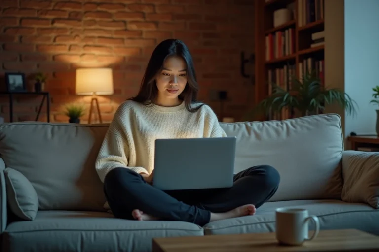 Jeune femme regardant un film en streaming gratuit sur son ordinateur portable dans un salon cosy