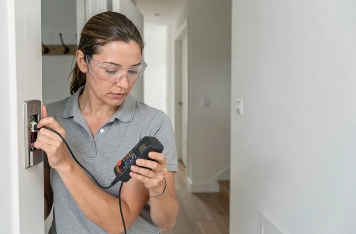Femme technicienne testant les connexions électriques d'une gâche encastrée avec un multimètre