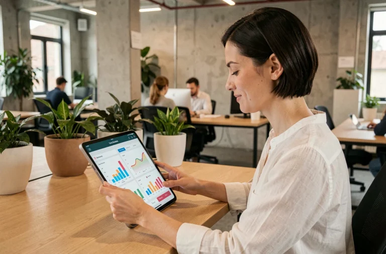 Femme professionnelle consultant les dernières tendances digitales sur une tablette dans un espace de coworking moderne