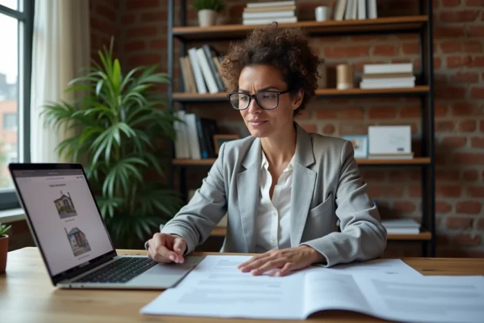 Femme vérifiant attentivement les documents d'un portail d'habitat participatif à son bureau à domicile