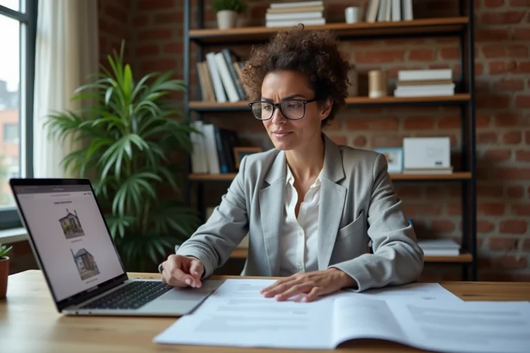 Femme vérifiant attentivement les documents d'un portail d'habitat participatif à son bureau à domicile