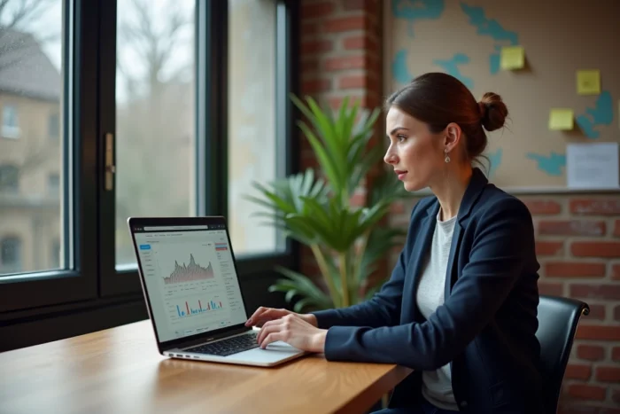 Femme entrepreneur travaillant sur une stratégie de webmarketing dans un espace de coworking breton