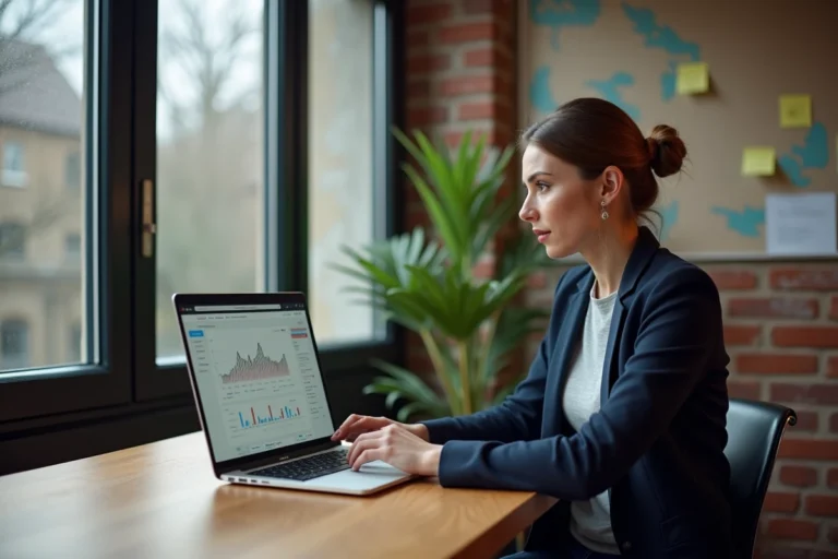 Femme entrepreneur travaillant sur une stratégie de webmarketing dans un espace de coworking breton