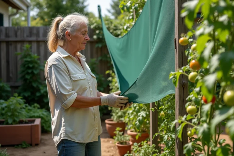 Femme installant un filet d'ombrage vert sur des plants de tomates dans un potager ensoleillé