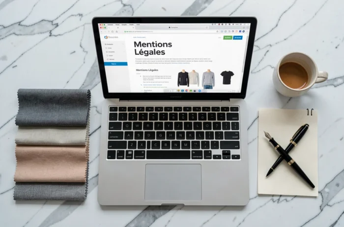 Vue de dessus d'un bureau avec ordinateur affichant les mentions légales d'un site de vente de vêtements en ligne et des échantillons de tissus