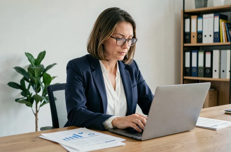 Femme d'affaires gérant les comptes de son entreprise sur un ordinateur portable dans un bureau professionnel moderne