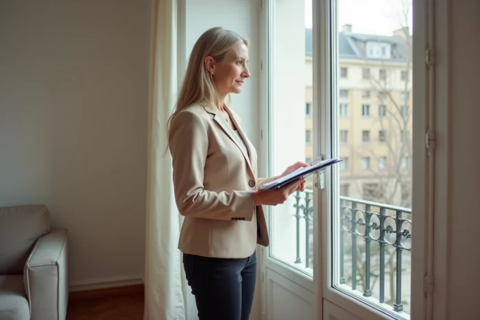 Gestionnaire de copropriété inspectant un grillage de protection installé à l'intérieur d'une fenêtre d'appartement