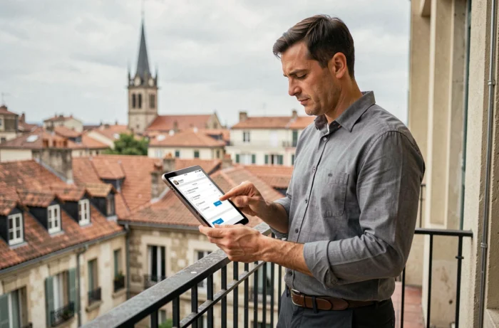 Gestionnaire de biens immobiliers consultant une application de gestion locative sur balcon avec vue sur Lyon