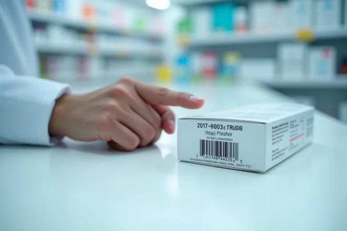 Gros plan sur le code CIP imprimé sur une boîte de médicament dans une pharmacie