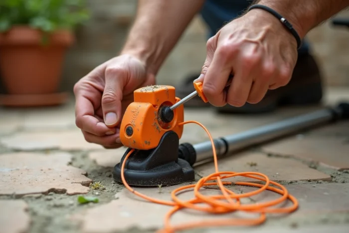 Gros plan sur les mains d'un homme ouvrant la tête d'un rotofil avec un tournevis pour changer le fil
