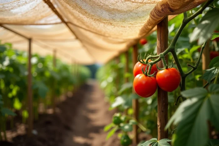 Gros plan sur un filet d'ombrage beige tendu au-dessus de tomates mûres sur pied dans un potager