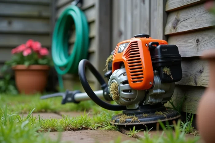 Gros plan d'un taille-bordure thermique appuyé contre un abri de jardin en bois avec des débris d'herbe fraîchement coupée