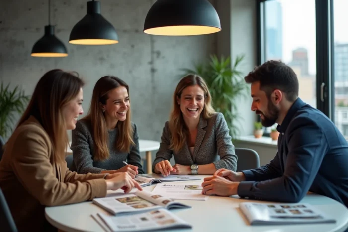 Groupe de professionnels discutant des pages clés d'une revue d'entreprise en réunion