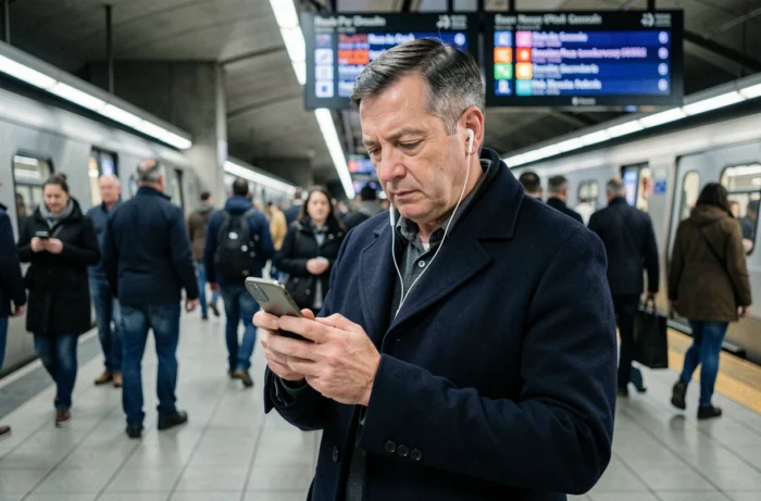 Homme consultant les actualités sur son smartphone dans une gare bondée pendant son trajet quotidien