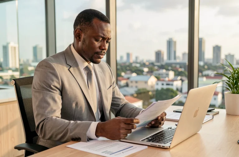 Homme d'affaires ivoirien analysant des documents financiers dans un bureau moderne d'Abidjan avec vue sur la ville