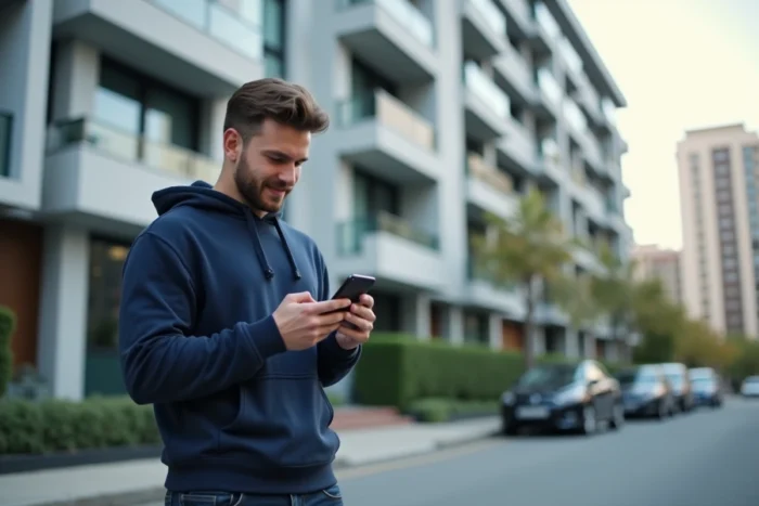 Homme consultant l'application Al'in sur mobile devant un immeuble résidentiel pour trouver un logement salarié
