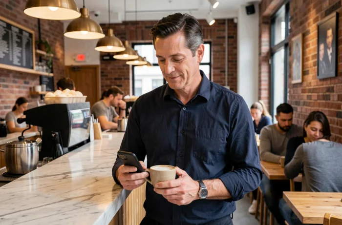 Homme consultant son smartphone Android dans un café urbain moderne