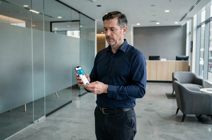 Homme consultant une application de banque en ligne sur smartphone dans une agence bancaire moderne