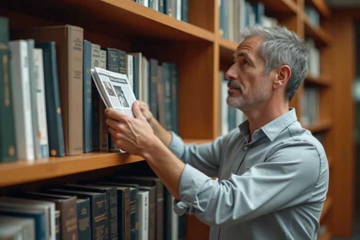 Homme parcourant des numéros de revues professionnelles dans une bibliothèque d'entreprise
