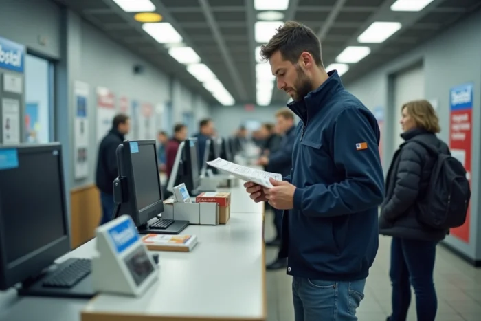 Homme au comptoir d'un bureau de poste tenant une étiquette d'expédition Vinted pour un colis non récupéré en attente de remboursement