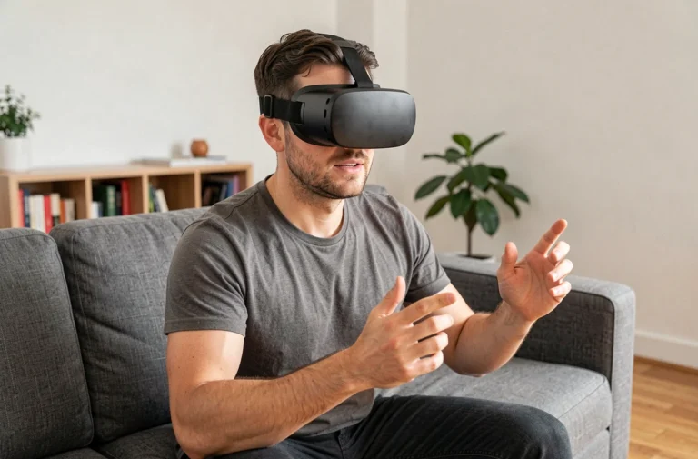 Homme portant un casque VR Pico 5 dans un salon moderne, illustrant la réalité virtuelle immersive