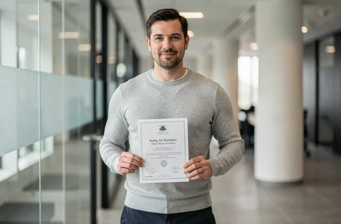 Homme tenant un certificat de formation Les Blancs d'Ecole symbolisant l'évolution professionnelle et la réussite de carrière