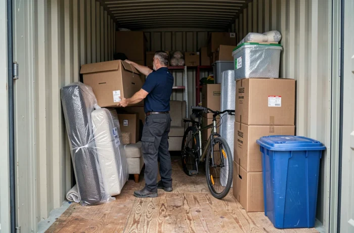 Homme chargeant des cartons dans un box de stockage rempli de meubles et d'affaires personnelles