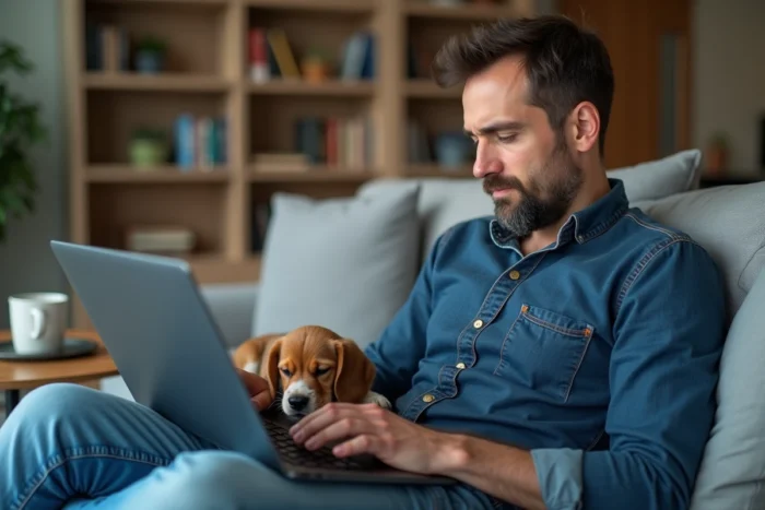 Homme comparant des offres d'assurance animaux sur ordinateur portable avec son chiot beagle sur le canapé