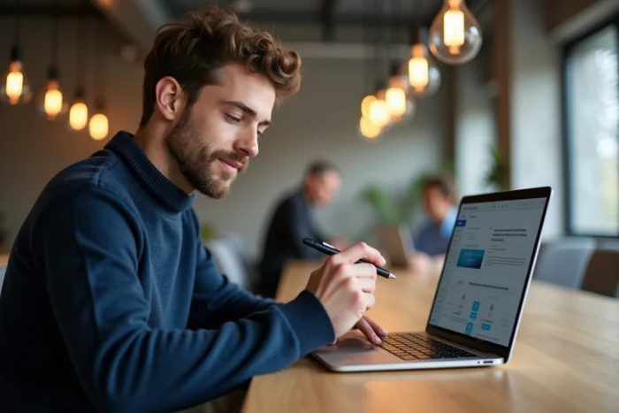 Homme utilisant un constructeur de site web avec templates dans un espace de co-working moderne et collaboratif