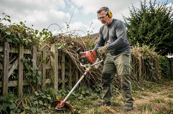 Homme utilisant une débroussailleuse à essence pour défricher des mauvaises herbes le long d'une clôture de jardin