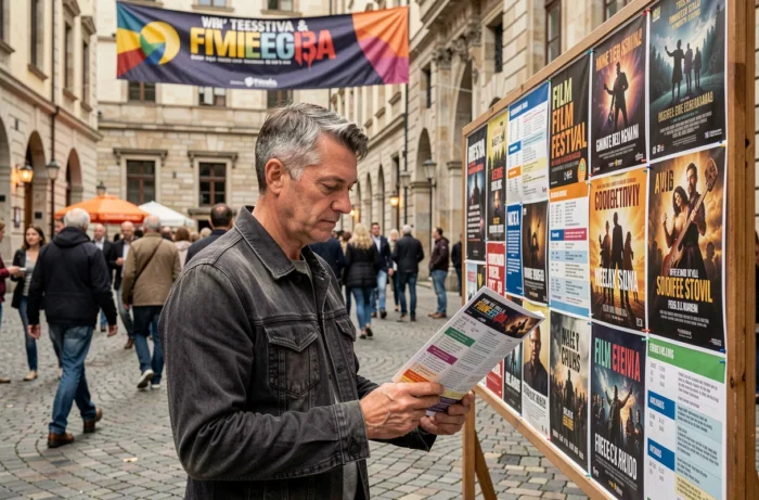 Homme consultant le programme d'un festival de cinéma en plein air devant un panneau d'affiches de films