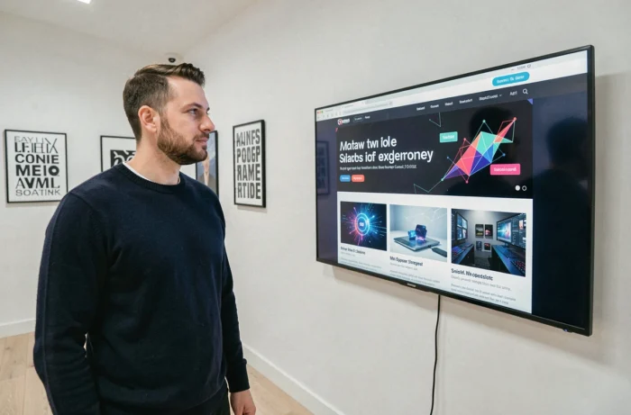 Homme debout devant un grand écran affichant une interface web moderne illustrant les actualités et tendances du numérique